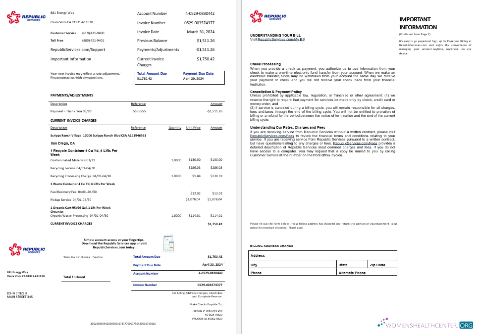 download download USA Rpublic Services energy utility bil Word and PDF formats, 2 pages PDF template PDF template